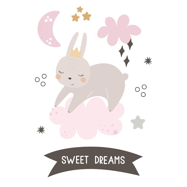 Sweet dreams cartoon bunny hand drawing lettering