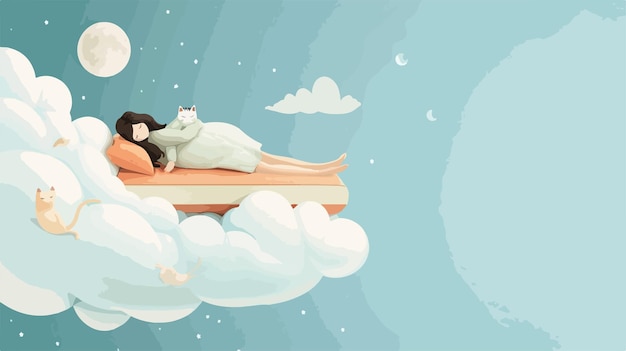 Vector sweet dreams concept with woman and cat sleeping