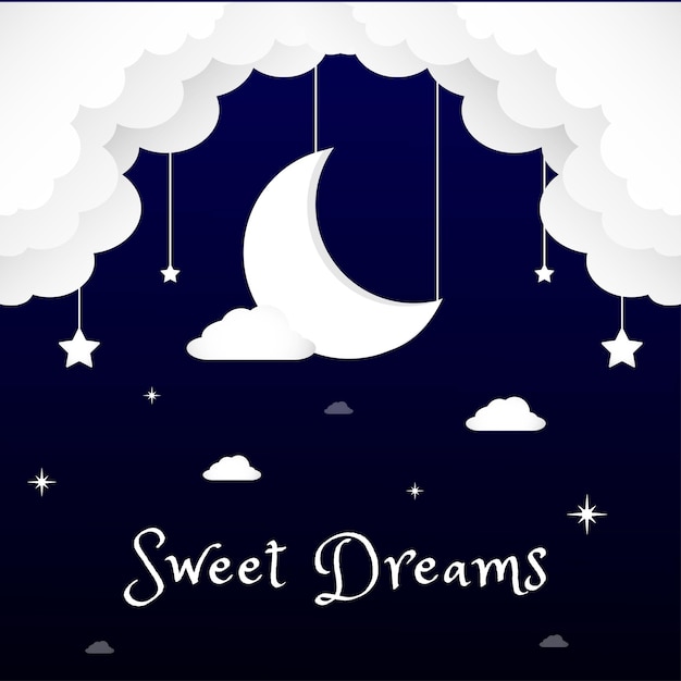 Vector sweet dreams. crescent moon, stars and clouds on night background. vector illustration.