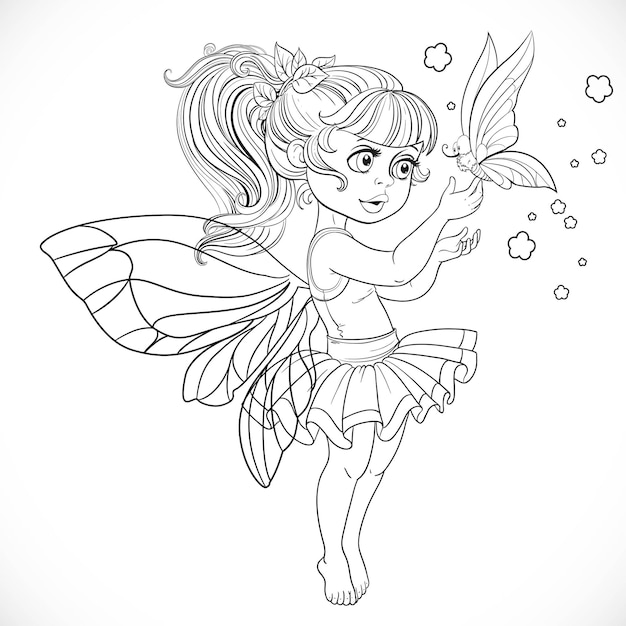 Sweet fairy in tutu holding a large butterfly on the finger outlined for coloring book isolated on a white background