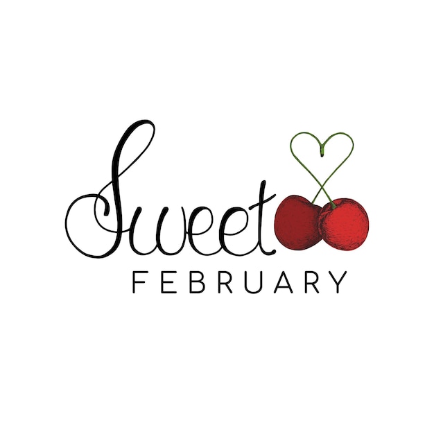 Sweet FEBRUARY lettering with hand-drawn cherries. Perfect for Valentine's Day.