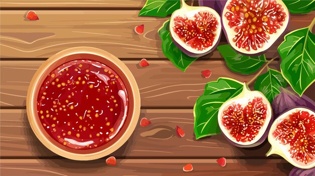 Vector sweet fig jam in wooden bowl on table top view