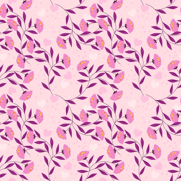 Sweet flower and pink tiny heart seamless pattern.