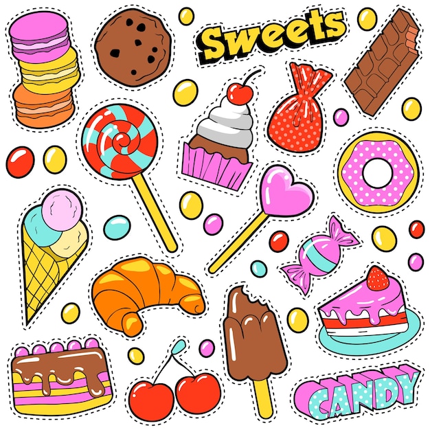 Sweet Food Badges Set with Patches, Stickers, Candies, Cakes, Ice Cream in Pop Art Comic Style.  illustration