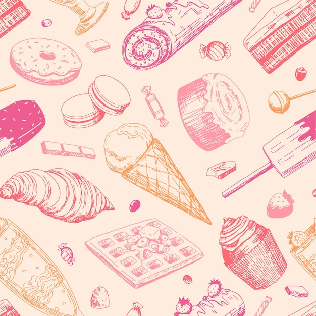 Sweet food seamless pattern. Ornament of varied delicious desserts. Vector illustration in sketch style. Retro design for wallpaper, decor, wrap, background.