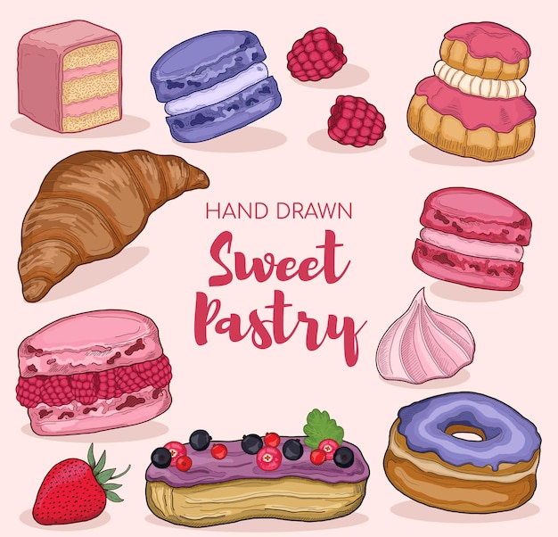 Sweet French Pastry Pattiserie Cake Collection Colorful Vector Illustration Set