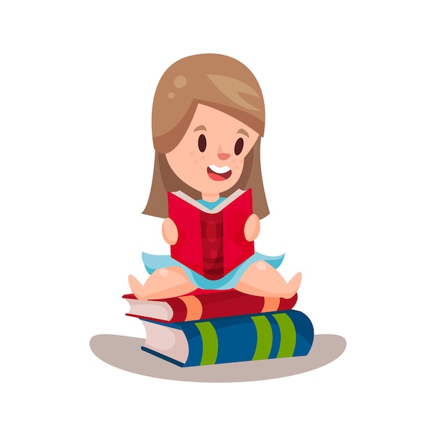 Sweet girl reading a book sitting on a pile of books, education and knowledge concept, colorful character vector Illustration on a white background