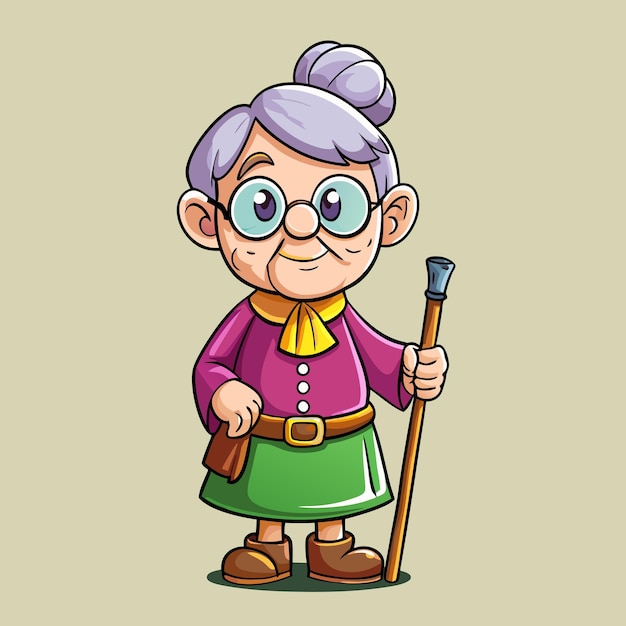 Vector sweet grandma leaning on stick cartoon vector design