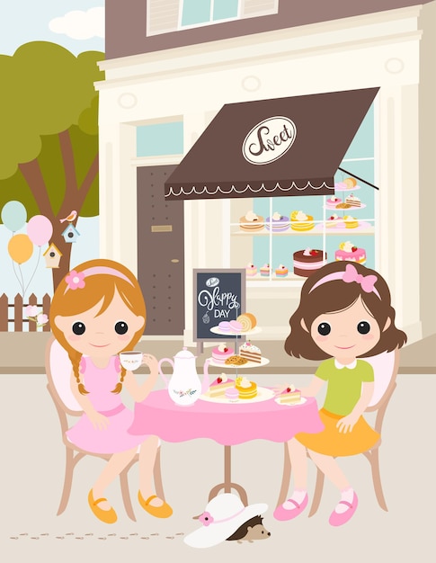 Sweet High tea party for girls in front of the bakery store and a cute hedgehog