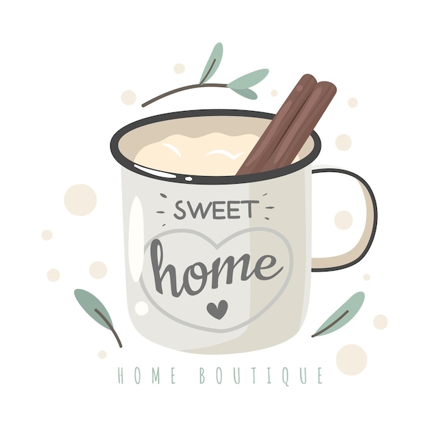 Sweet home mug. Enamel cup with hot coffee, cinnamon stick and lettering, happy cozy house, love for your home.  concept