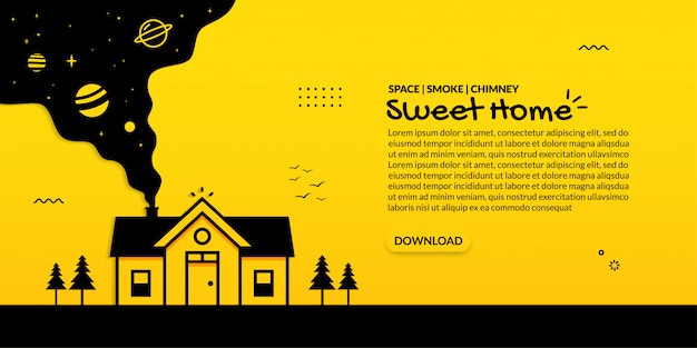 Sweet home with space inside smoke from chimney on yellow background