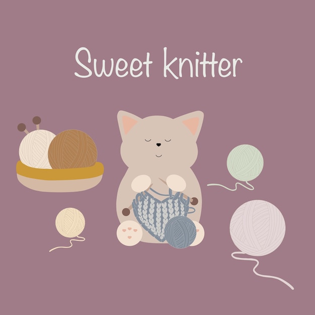 Sweet knitter.A cute cat knits a heart with knitting needles.There are balls of wool around him