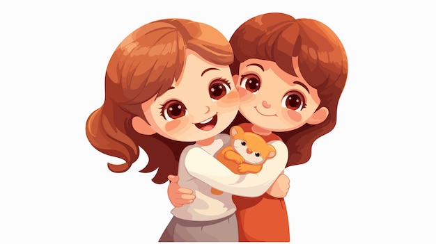 Vector sweet little baby girl lovingly hugs big sister sibling in heartwarming cartoon scene