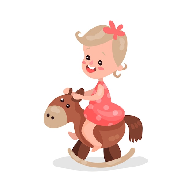 Sweet little girl playing rocking horse cartoon vector Illustration on a white background