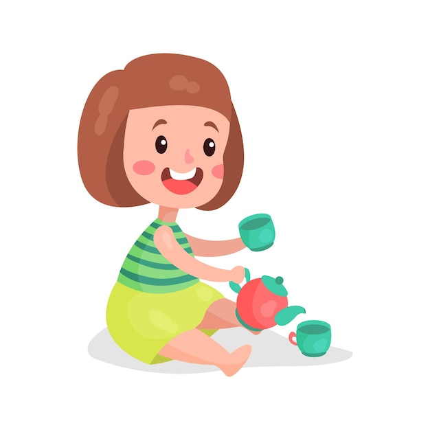 Sweet little girl sitting on the floor playing with toy cups and teapot cartoon vector Illustration on a white background