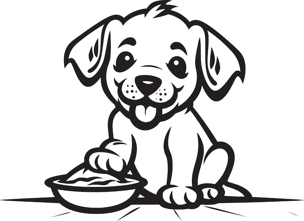 Vector sweet little puppy devouring a generous serving of tasty puppy chow with wide eyed happiness and de