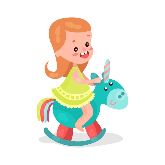 Sweet little redhead girl playing blue rocking horse cartoon vector Illustration on a white background