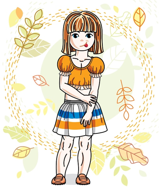 Sweet little redhead girl standing on background of autumn landscape and wearing stylish casual clothes. Vector kid illustration.