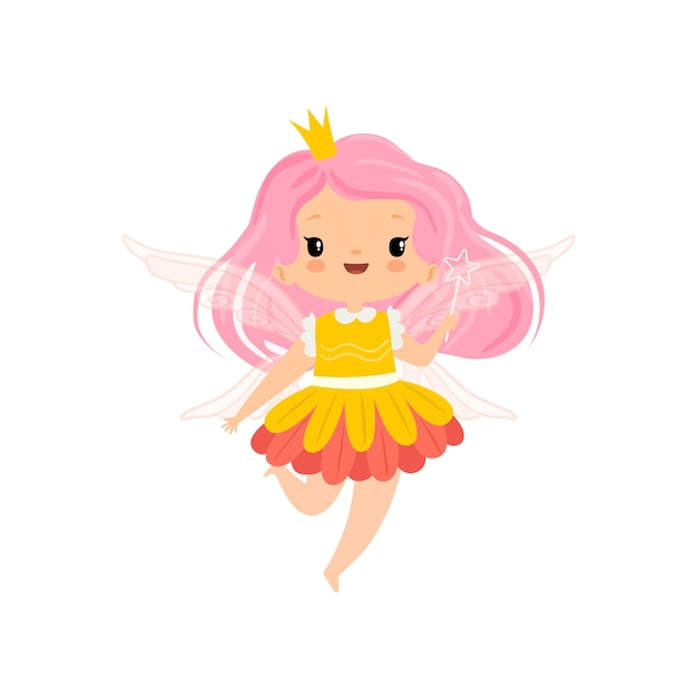 Sweet Little Winged Fairy with Pink Long Hair Beautiful Girl Character in Fairy Costume with Magic Wand Vector Illustration on White Background