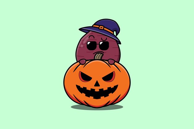 Sweet potato cartoon character hiding in pumpkin