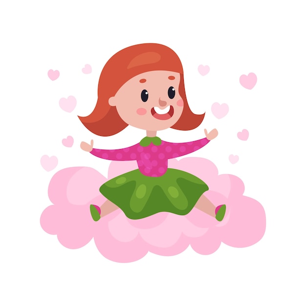 Sweet redhead little girl sitting on a pink cloud surrounded by pink hearts, kid fantasizes and dreams cartoon vector Illustration on a white background