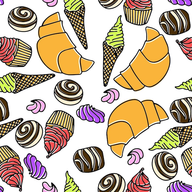 Sweet seamless background with candy cupcake muffin and croissant. Vector illustration