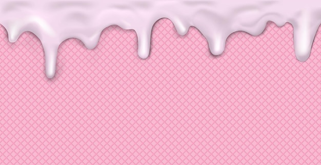 Sweet seamless panoramic ice cream pattern with dripping pink icing and wafer texture Vector