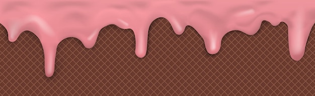 Vector sweet seamless panoramic ice cream pattern with dripping pink icing and wafer texture vector