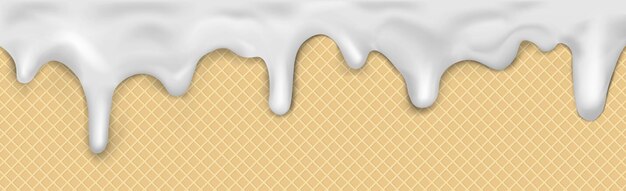 Vector sweet seamless panoramic ice cream pattern with dripping white icing and wafer texture vector