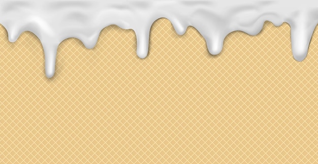 Sweet seamless panoramic ice cream pattern with dripping white icing and wafer texture Vector