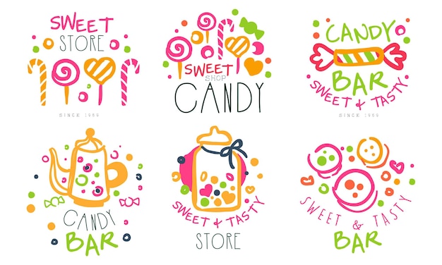 Sweet Store Logo Templates Set Candy Shop Bright Hand Drawn Badges Vector Illustration