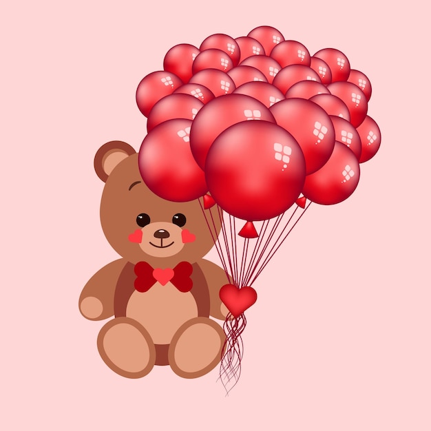 Sweet teddy with a bow tie and red balls sitting on pink background