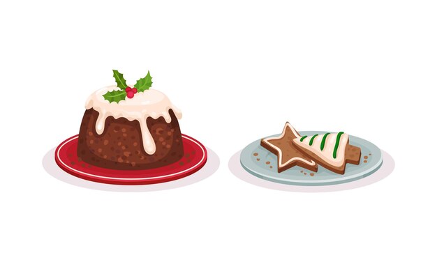 Vector sweet treat and dessert with sugar glazed muffin and gingerbread cookie on plate vector set