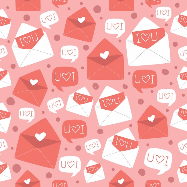 Sweet valentines day postcards and envelopes set with heart shape seamless pattern