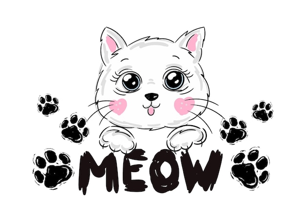 Sweet white cat face print design with slogan Vector illustration design for fashion fabrics textile graphics prints