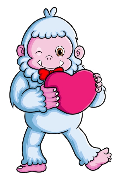 The sweet yeti is holding and hugging the big heart doll of illustration