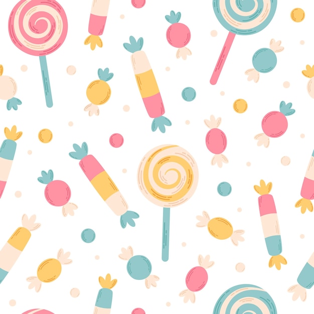 Sweets and candies seamless pattern. Confectionery. Flat, hand drawn texture for wallpaper, textile,