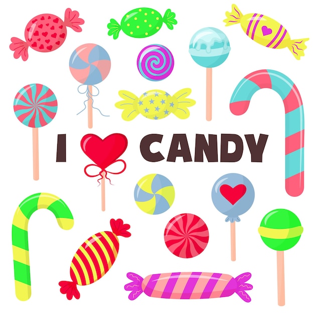 Sweets and candies set in cartoon style. Lollipops, cane, sweetmeats and chupa-chups. Cute glossy sweets. I love candy lettering.