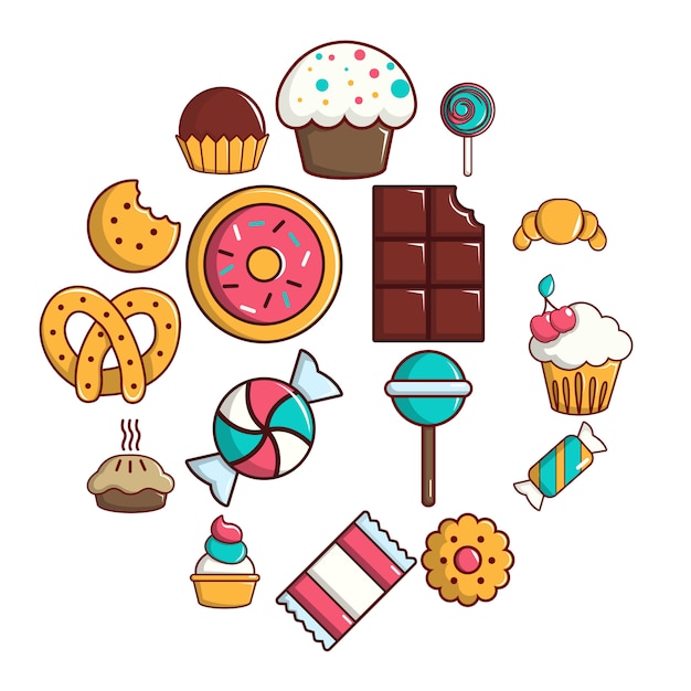 Sweets candy cakes icon set, cartoon style