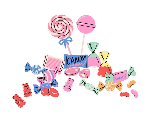 Sweets and candy Chocolate bars caramel toffee different lollipop on sticks marmalade bears Confectionery shop elements Christmas and birthday kids present cartoon flat isolated illustration