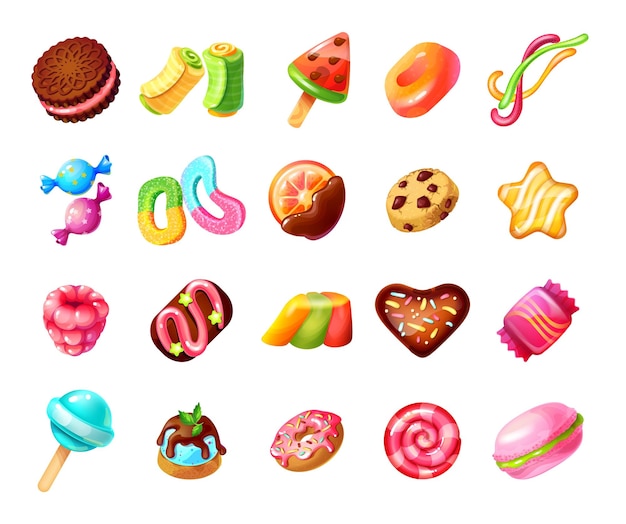 Sweets Cartoon tasty desserts Cookies and biscuit jelly and candies Yummy lollipop or macaroon Sugary snacks Collection of isolated confectionery Vector caramel and chocolate set