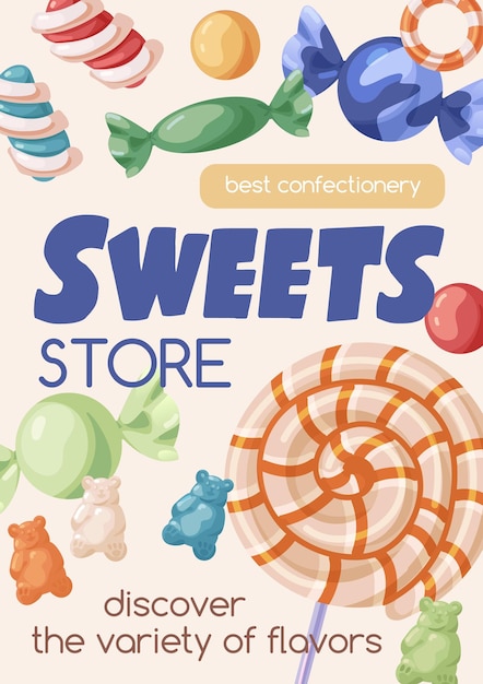 Vector sweets store poster template with candies, lollipops, bonbons, caramels, gummy bears background. vertical ad card design with yummy sweeties, lollypops for sugar shop. flat vector illustration