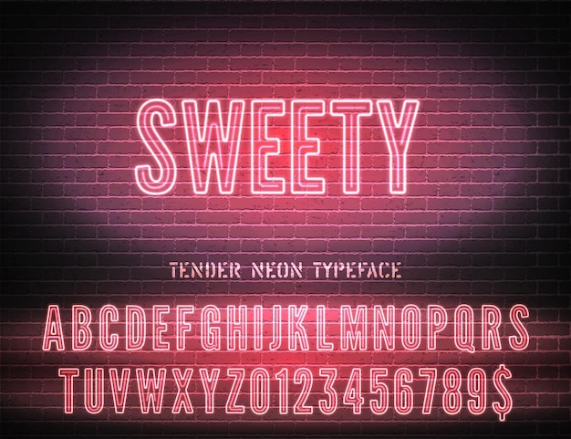 Sweety sign with narrow bold pink neon alphabet on brick wall background Strawberry pink night light glowing effect font with numbers Vector illustration