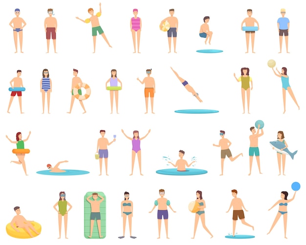 Swim camp icons set cartoon vector Water beach