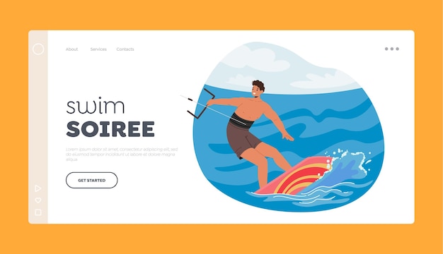 Vector swim soiree landing page template sportsman character kite surfing on ocean waves riding the wind vector illustration