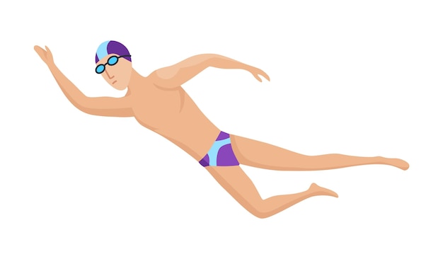 Swimmer character of swimming men in swimsuit, hat and glasses. People in action pose or engaged water sport. Colorful vector illustration in cartoon style isolated on white background