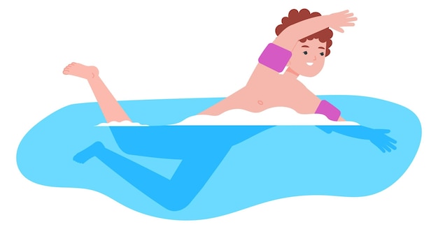 Swimming boy in water Happy kid summer activity