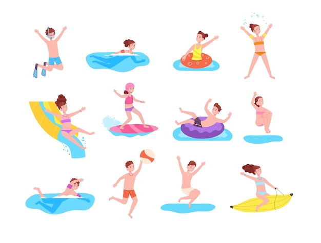 Vector swimming children in aquapark kids summer resort water activities baby play in pool or sea girl boy ride waterpark aqua sport outdoor fun amusement splendid vector illustration