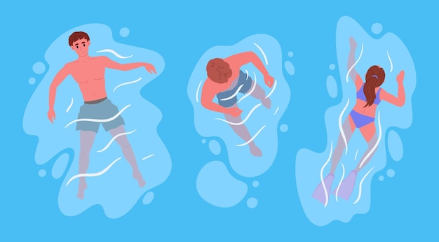 Swimming people Characters floating in ocean or pool summer vacation activities flat vector illustration set People relaxing and swimming in water