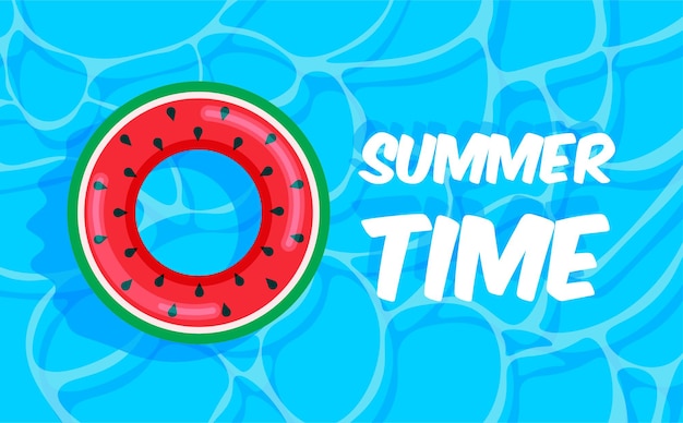 Vector swimming pool summer with watermelon lifebuoy summer time